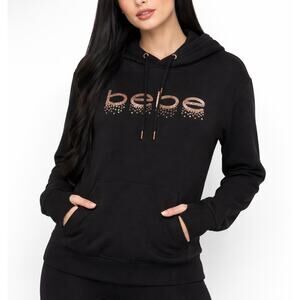 Bebe Sport Y2K Black Hoodie Rose Gold Sequin Logo Thumbhole Women’s Size L